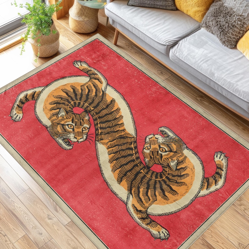 Eclectic Red and Orange Tiger Print Rug for Maximalist Home Decor