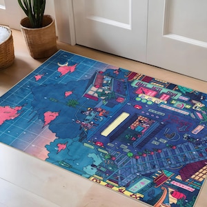 May include: A rectangular rug featuring a vibrant illustration of a cityscape at night. The design includes buildings, neon signs, and stylized clouds in shades of blue, pink, and green. The rug is placed on a light-colored wooden floor.