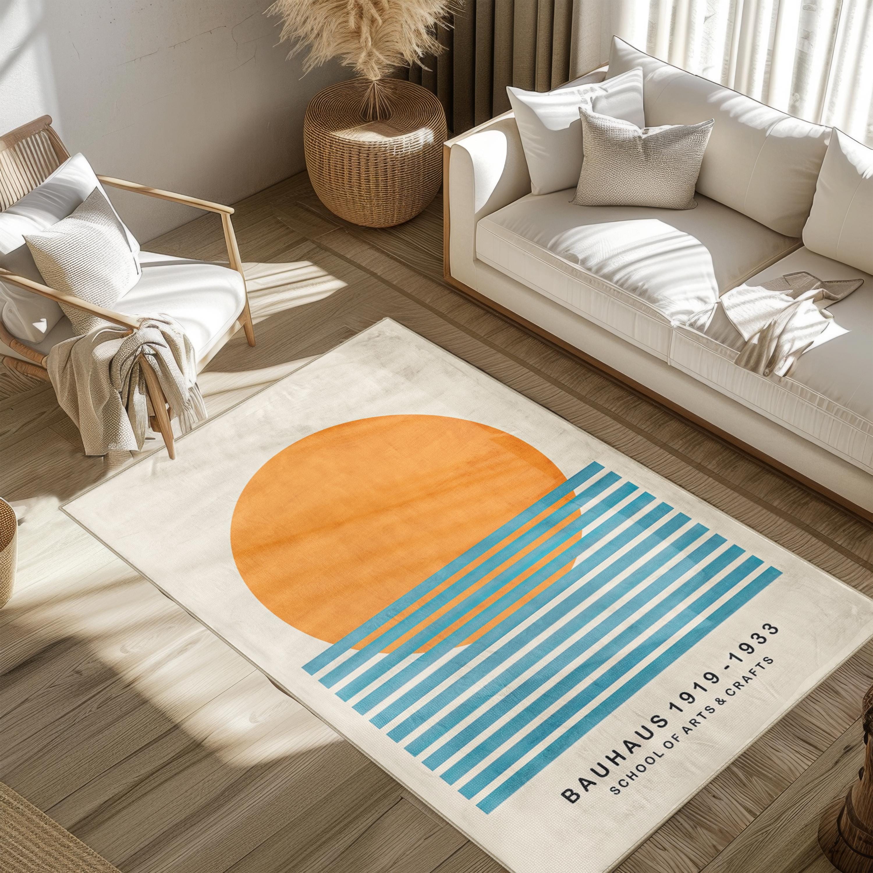 Bauhaus Stil Orange Sonne Blau Streifen Teppich Modern Mid Century Abstrakte Kunst Wohnteppich