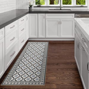 Kitchen Floor Runner, Mosaic Tiles Design, Gray and Blue Rug, Hallway Decor, Long Floor Mat, Entryway Rug