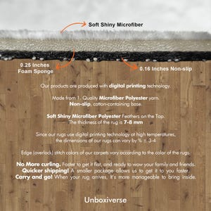 May include: Cross-section of a rug showing layers: soft shiny microfiber, 0.25 inches foam sponge, and 0.16 inches non-slip base. The rug is made with digital printing technology and microfiber polyester. The thickness is 7-8 mm. Text on the image says "Unboxiverse".