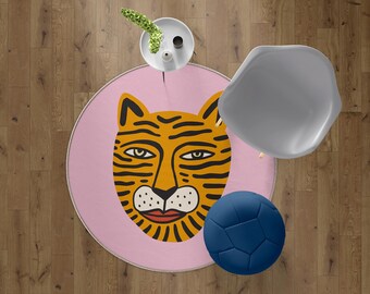 Pink Tiger Face Area Rug Large Tropical Animal Print Floor Mat For Maximalist Decor