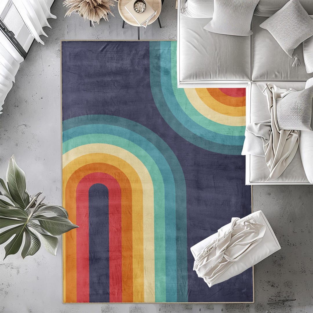 Retro Mid Century Modern Rainbow Area Rug Colorful Geometric Abstract ...