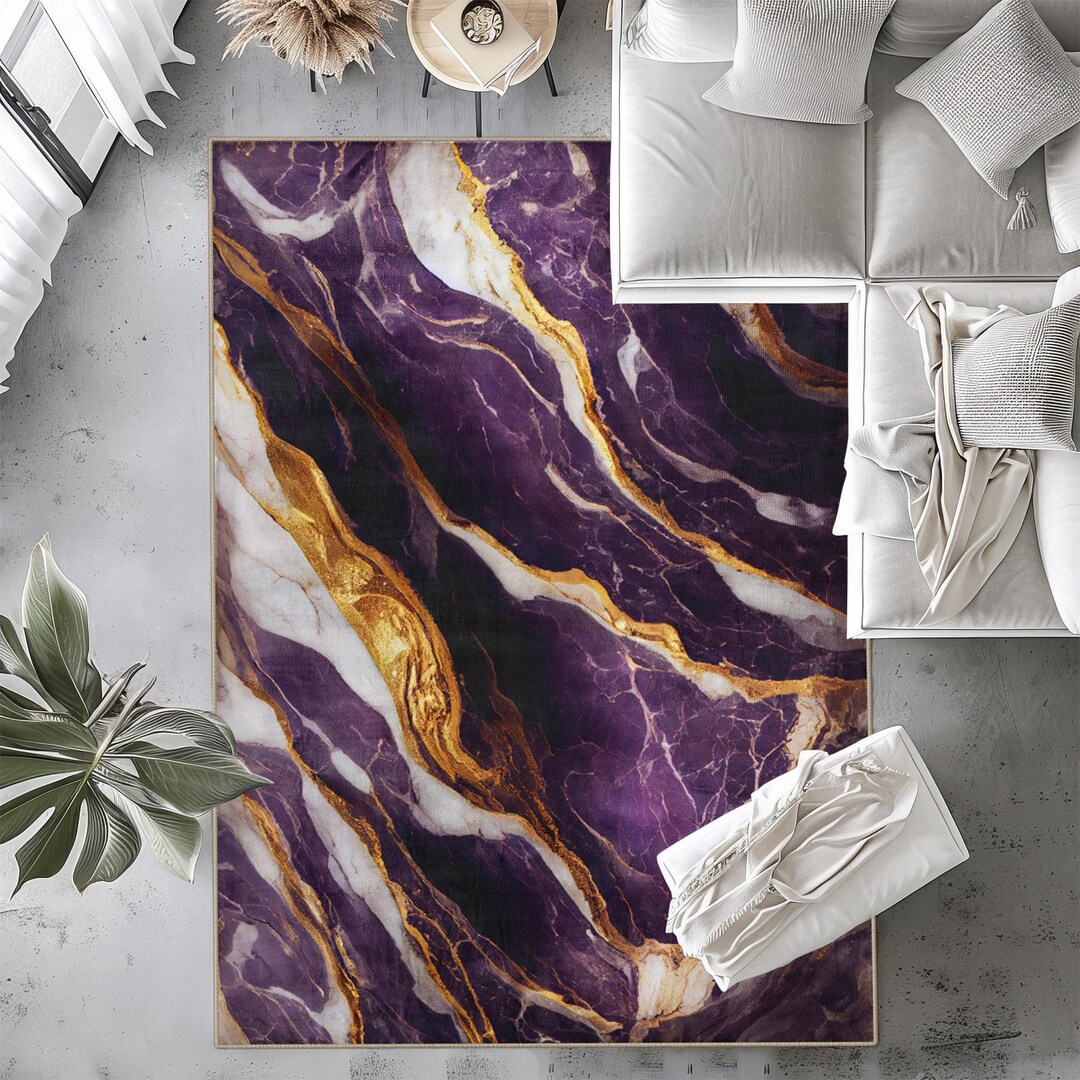 Purple and Gold Marble Stone Area Rug: Modern Texture Accent - Etsy