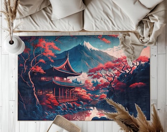 Japanese Pagoda Landscape Area Rug, Mount Fuji Sakura Carpet, Zen Garden Floor Mat