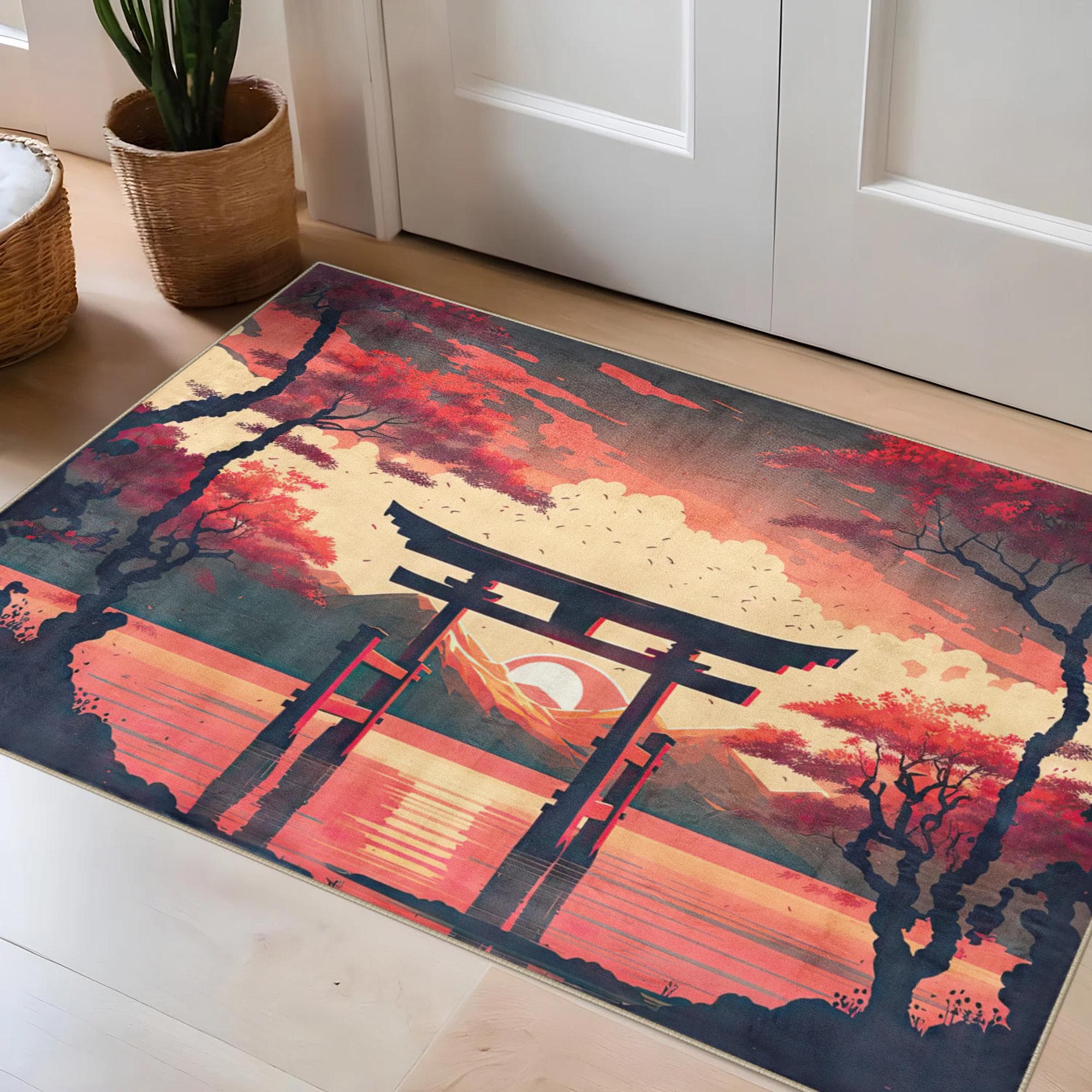 Japanese Torii Gate Area Rug Sunset Landscape Red Cherry Blossom
