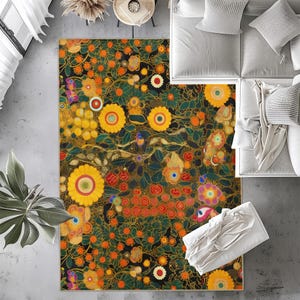 Gustav Klimt Inspired Flower Abstract Area Rug, Designer Rug, Bohemian Mat, Abstract Floor Art, Yellow Rug, Floral Rug, Retro Home Decor