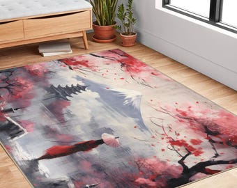 Japanese Cherry Blossom Area Rug, Mount Fuji Landscape Carpet, Zen Pagoda Floor Mat