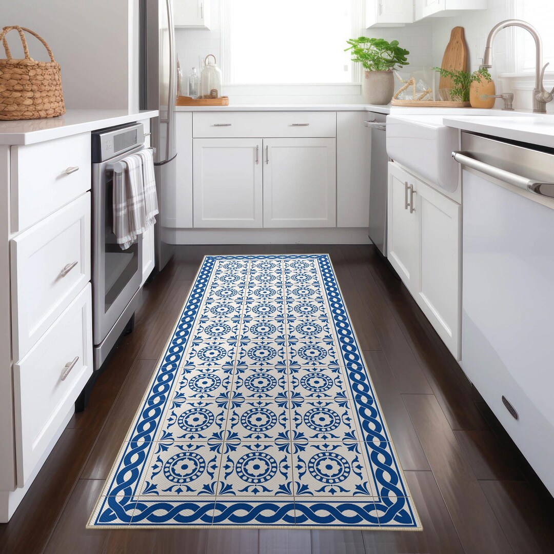 Tile Mat Rug Elegant Blue-white Portuguese Tile Runner Rug: Washable Kitchen ...