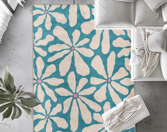 Groovy blauw en wit vloerkleed: retro boho-decor