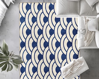 Japanese Pattern Area Rug: Hand-Drawn Blue Design, Customizable Size