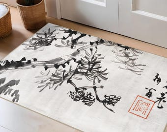 Japanese Pine Tree Ink Wash Painting Rug Zen Style Sumi-e Art Minimalist Home Area Mat