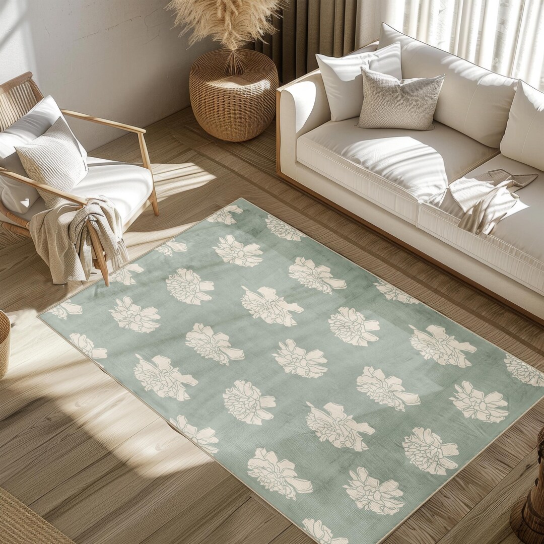 Sage Green Floral Area Rug Large Flower Pattern Modern Living Room Boho ...