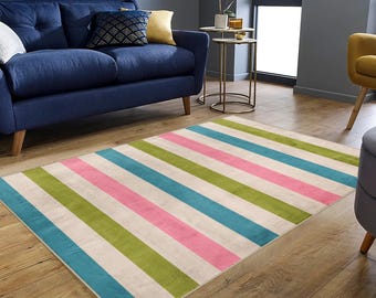 Groovy jaren 70 gestreept vloerkleed: kleurrijk modern design uit het midden van de eeuw