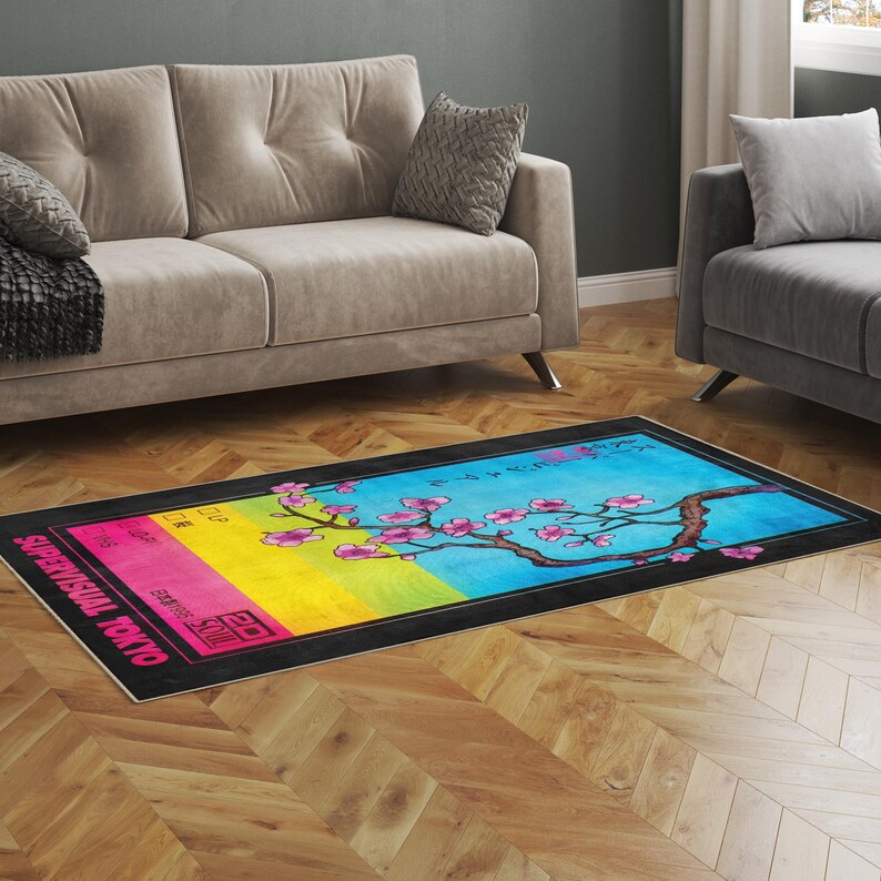 Sakura Rug Vaporwave Tokyo Sakura Rug: Modern Blue & Pink Carpet - Etsy