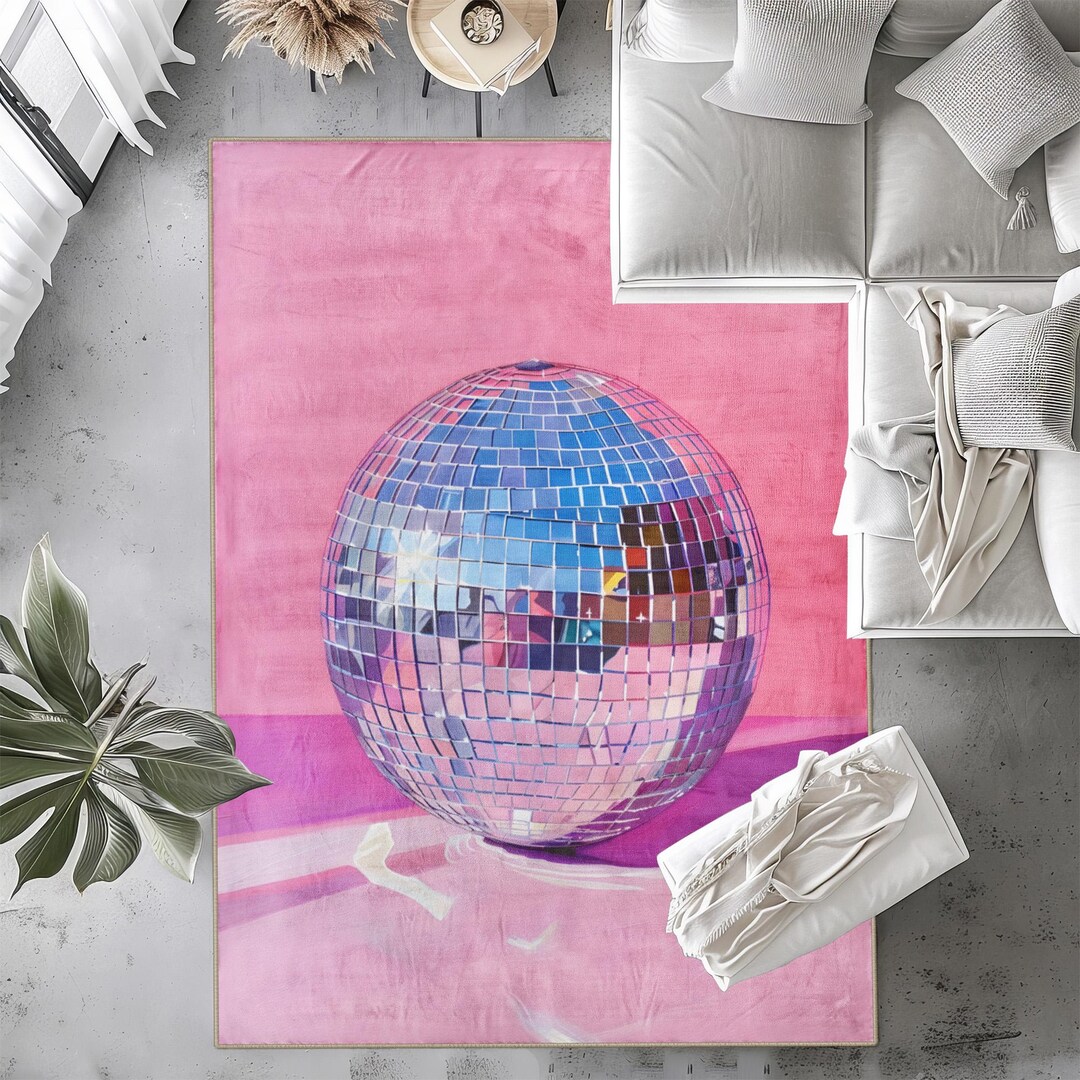 Vibrant Pink Disco Ball Cotton Rug: Non-slip Eclectic Floor Accent for ...