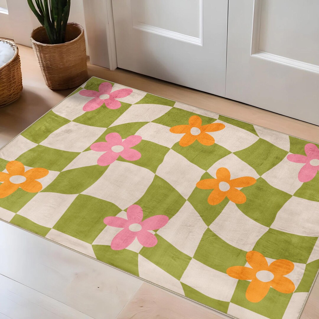 Green Rug Retro Green Checkered Rug: Retro 70s Style Groovy Carpet - Etsy