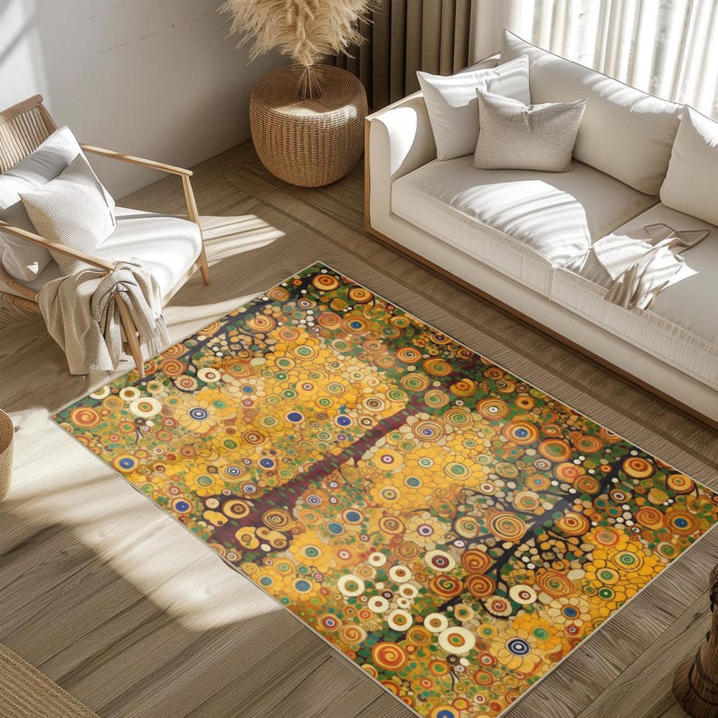 Gustav Klimt Inspired Tree of Life Area Rug in a Modern Living Room - Etsy