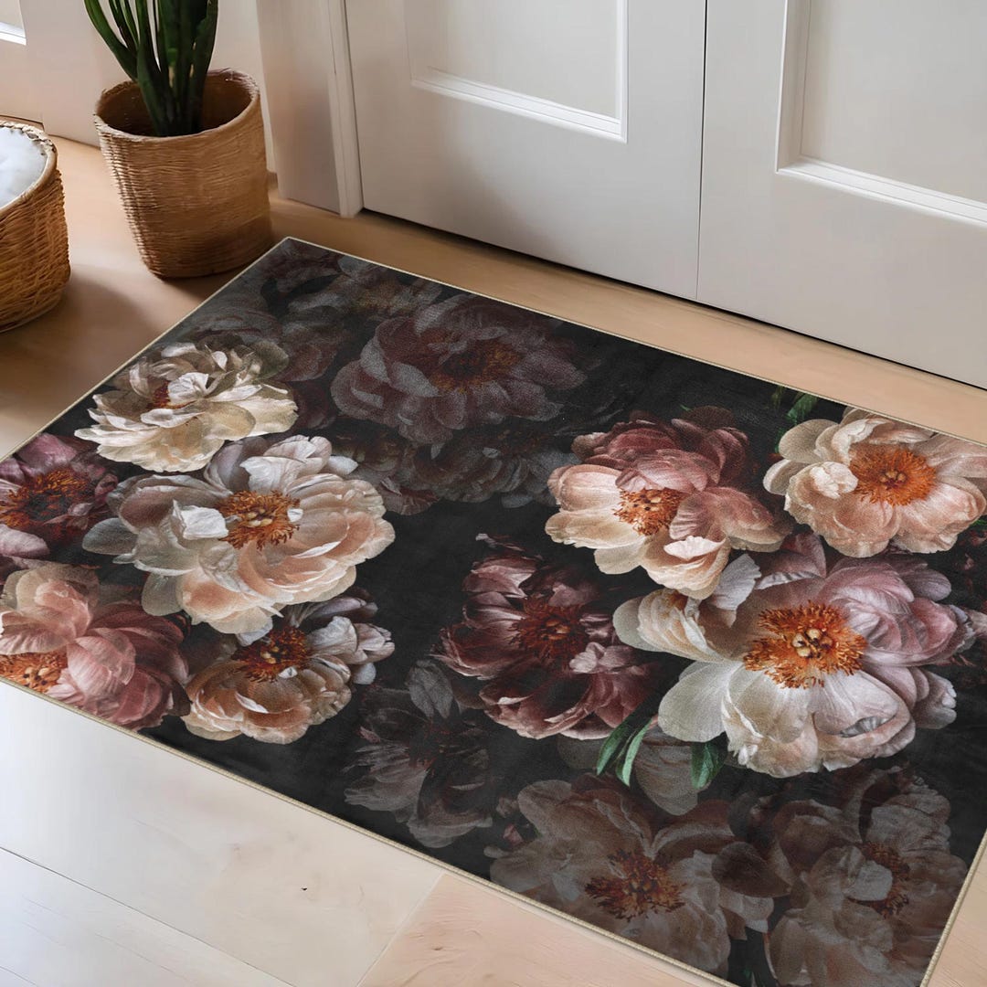 Elegant Dark Floral Area Rug: Moody Peony Bloom Design for ...