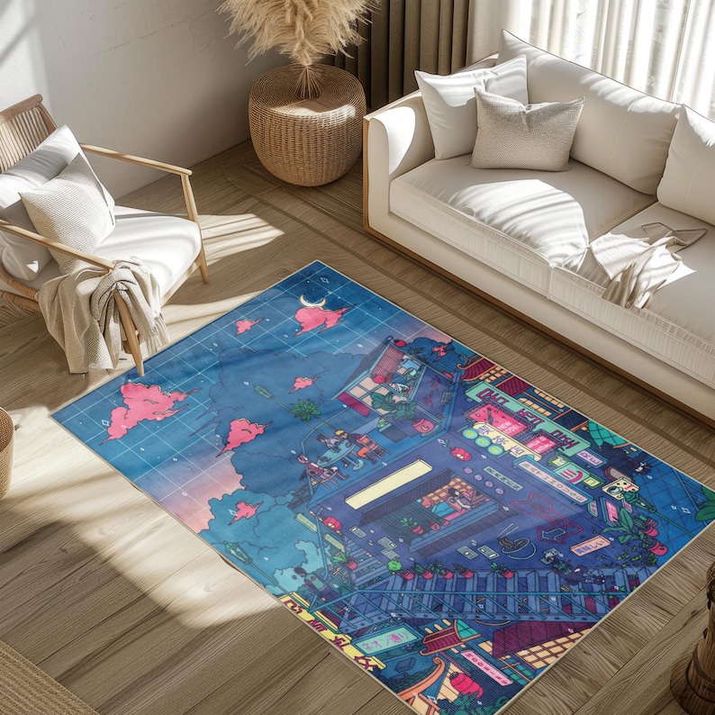 May include: A rectangular area rug with a vibrant anime-style cityscape design. The rug features a blue background with pink clouds, a grid pattern, and detailed illustrations of buildings, lights, and figures. The rug is placed on a wooden floor.