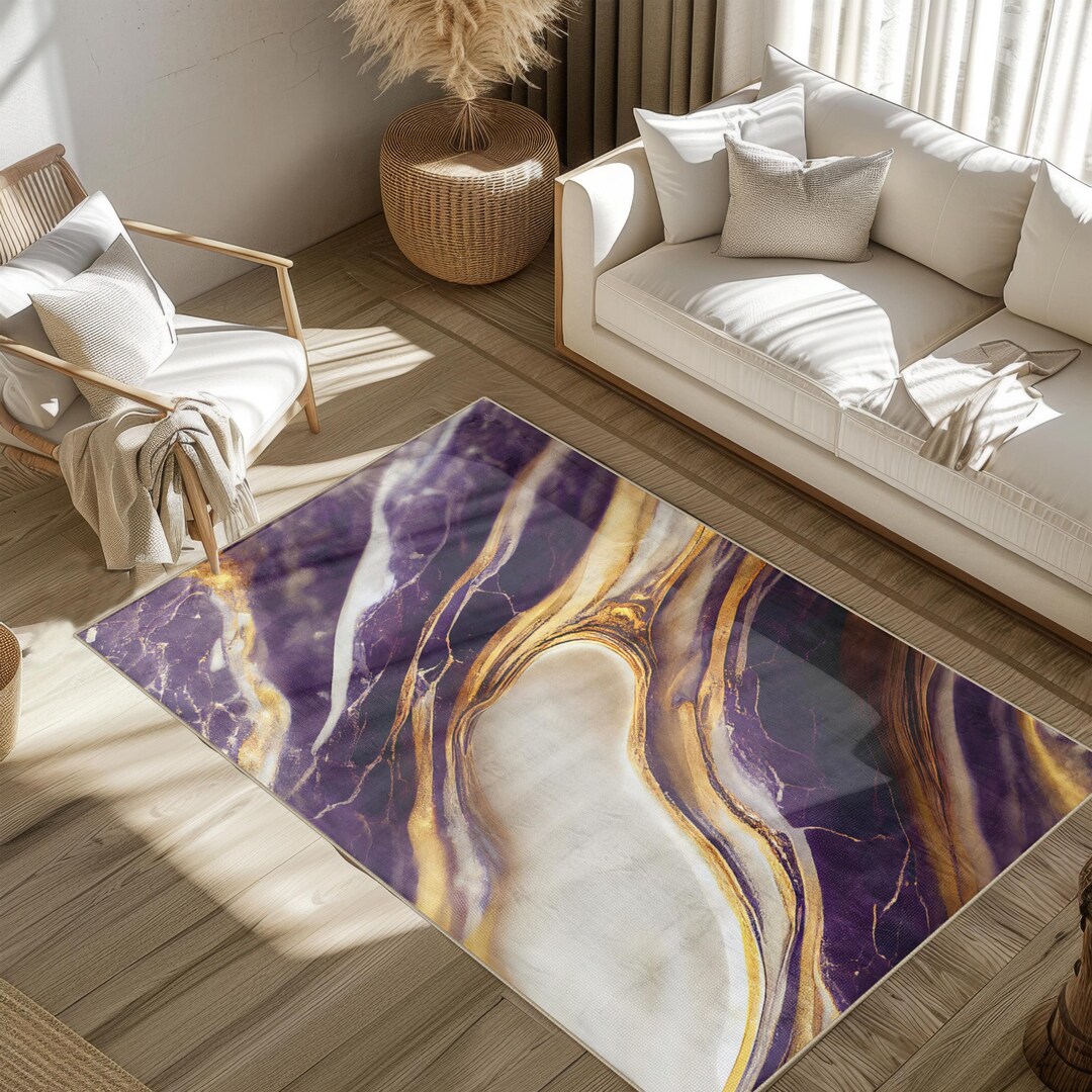 Purple and Gold Marble Area Rug: Geometric Texture Accent - Etsy