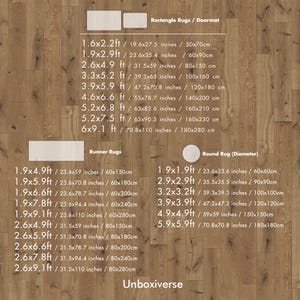 May include: A product catalog featuring various rug sizes and shapes, including rectangular, runner, and round rugs. Dimensions are provided in feet and inches, with corresponding metric measurements. The text "Unboxiverse" is at the bottom.
