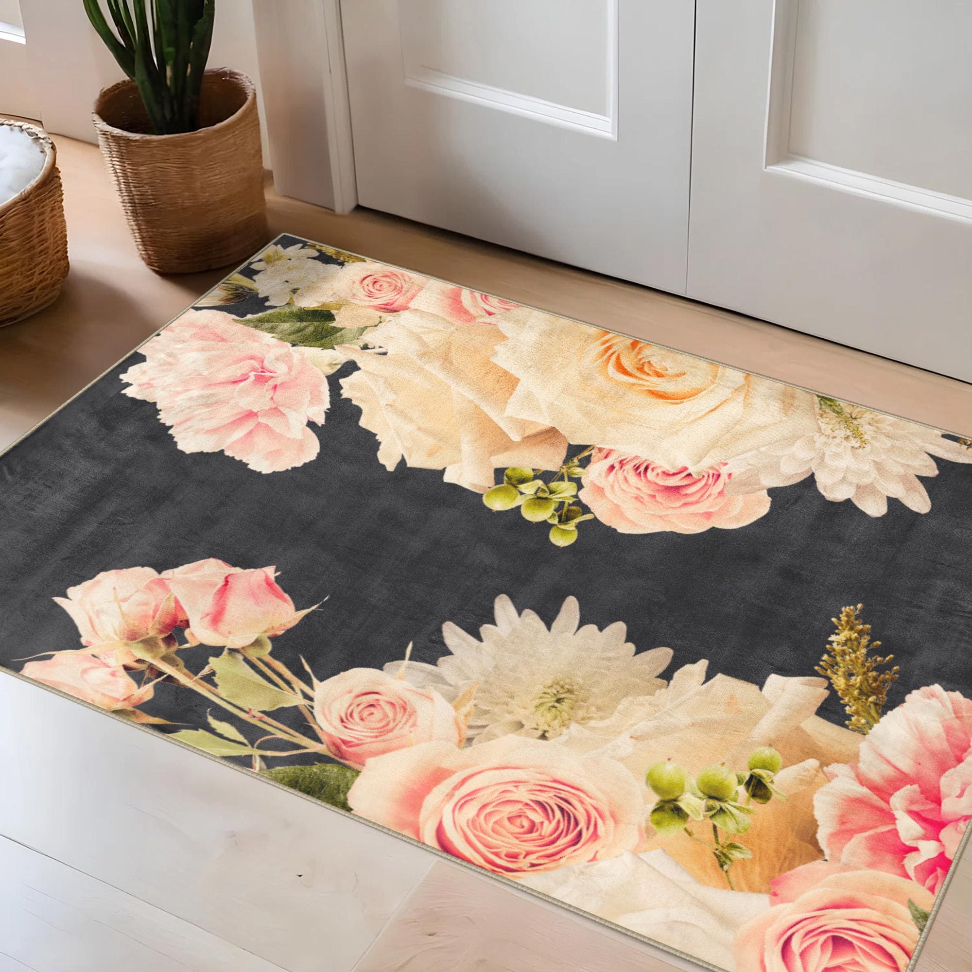 Floral Area Rug: Pink & Cream Roses, Carnations, Mums - Elegant