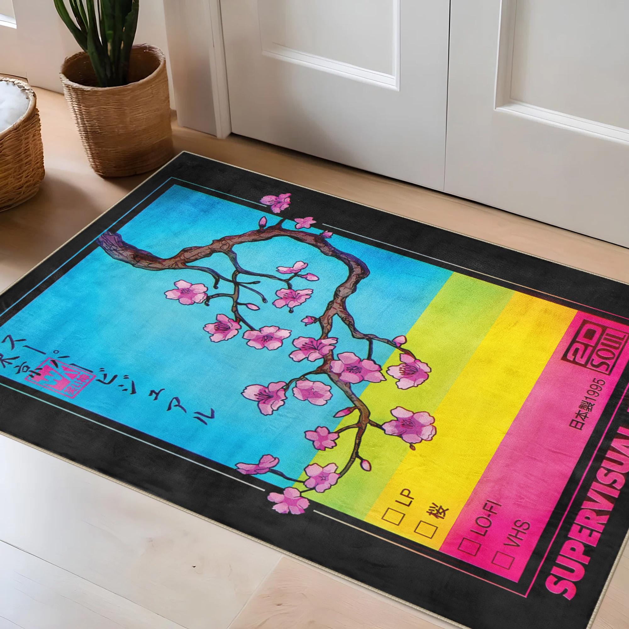 Vaporwave Tokyo Sakura Rug: Modern Blue & Pink Carpet - Etsy