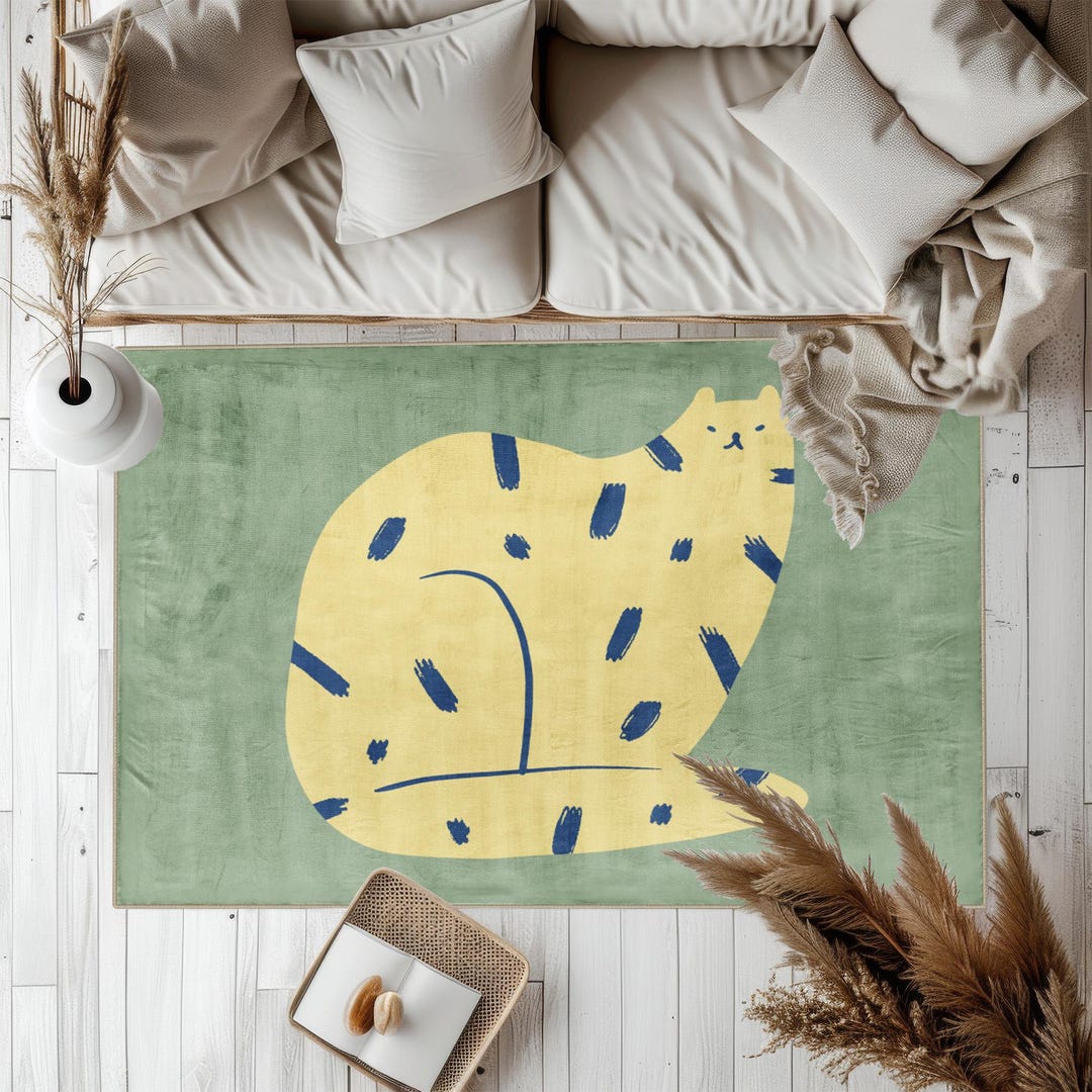 Cute Yellow Cat Area Rug Green Aesthetic Floor Mat for Nursery Modern ...
