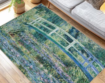 Monet's Water Lilies Rug: Japanese Bridge Painting, Living Room Decor