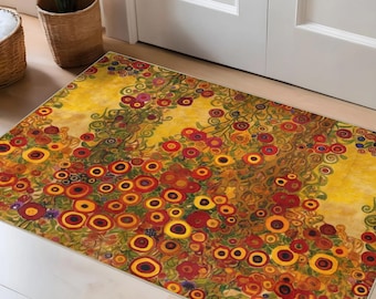 Gustav Klimt inspired floral rug with vibrant red and yellow tones