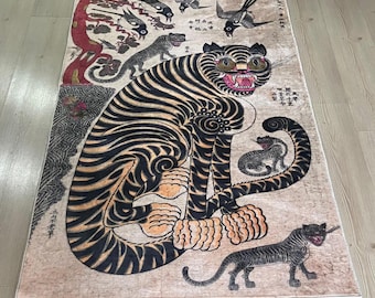 Korean Folk Art Tiger Rug: Exotic Eclectic Home Decor