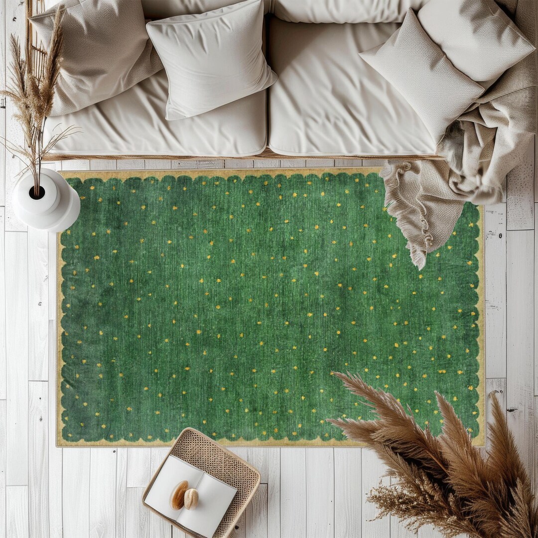 Green Polka Dot Area Rug, Vintage Inspired Cottagecore Carpet, Soft ...