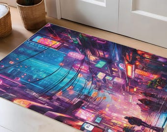 Cyberpunk City Neon Night Area Rug Futuristic Urban Streetscape Carpet Sci-Fi Aesthetic Gaming Room Decor
