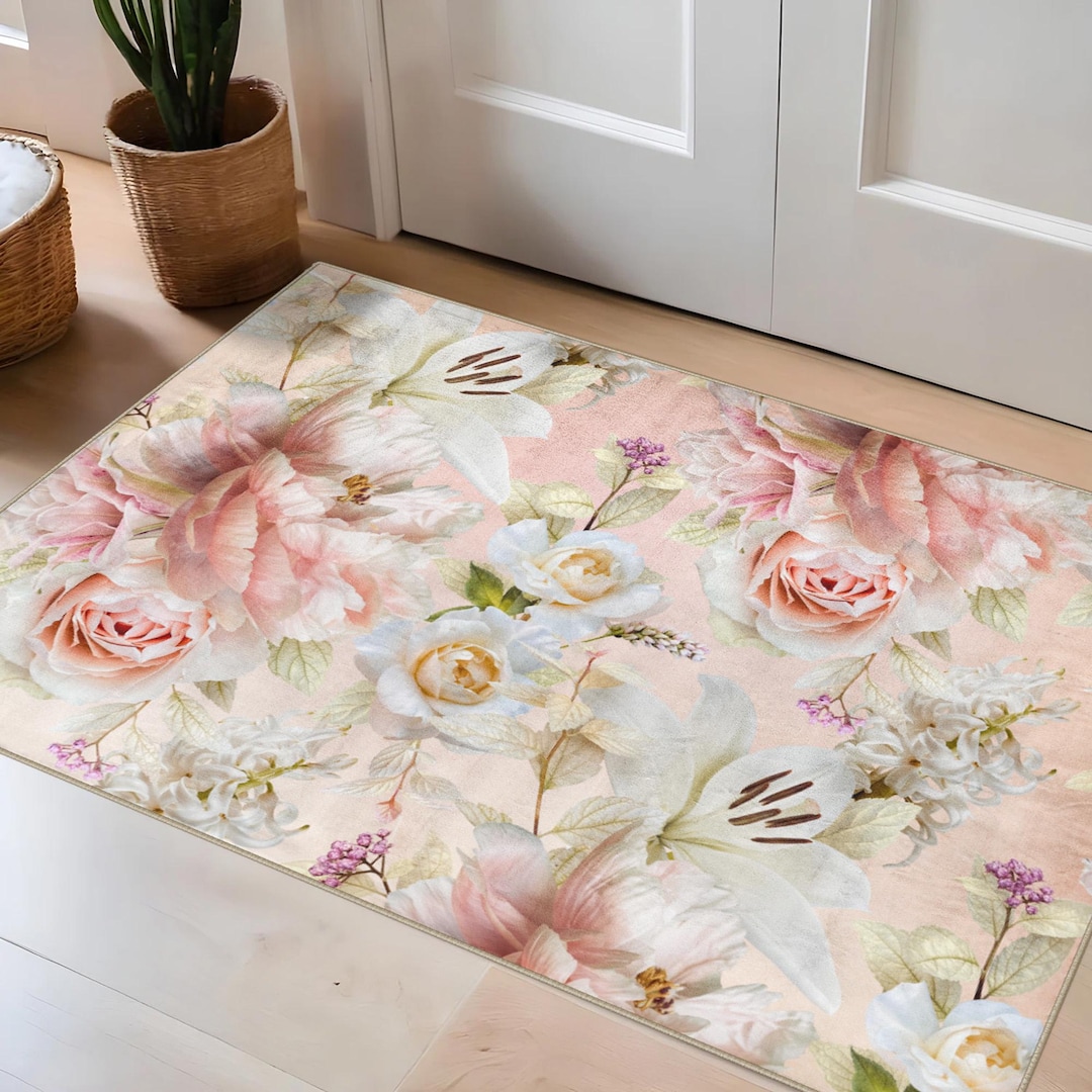 Floral Elegance: Pink & White Area Rug With Rose, Lily, Hyacinth, Peony ...