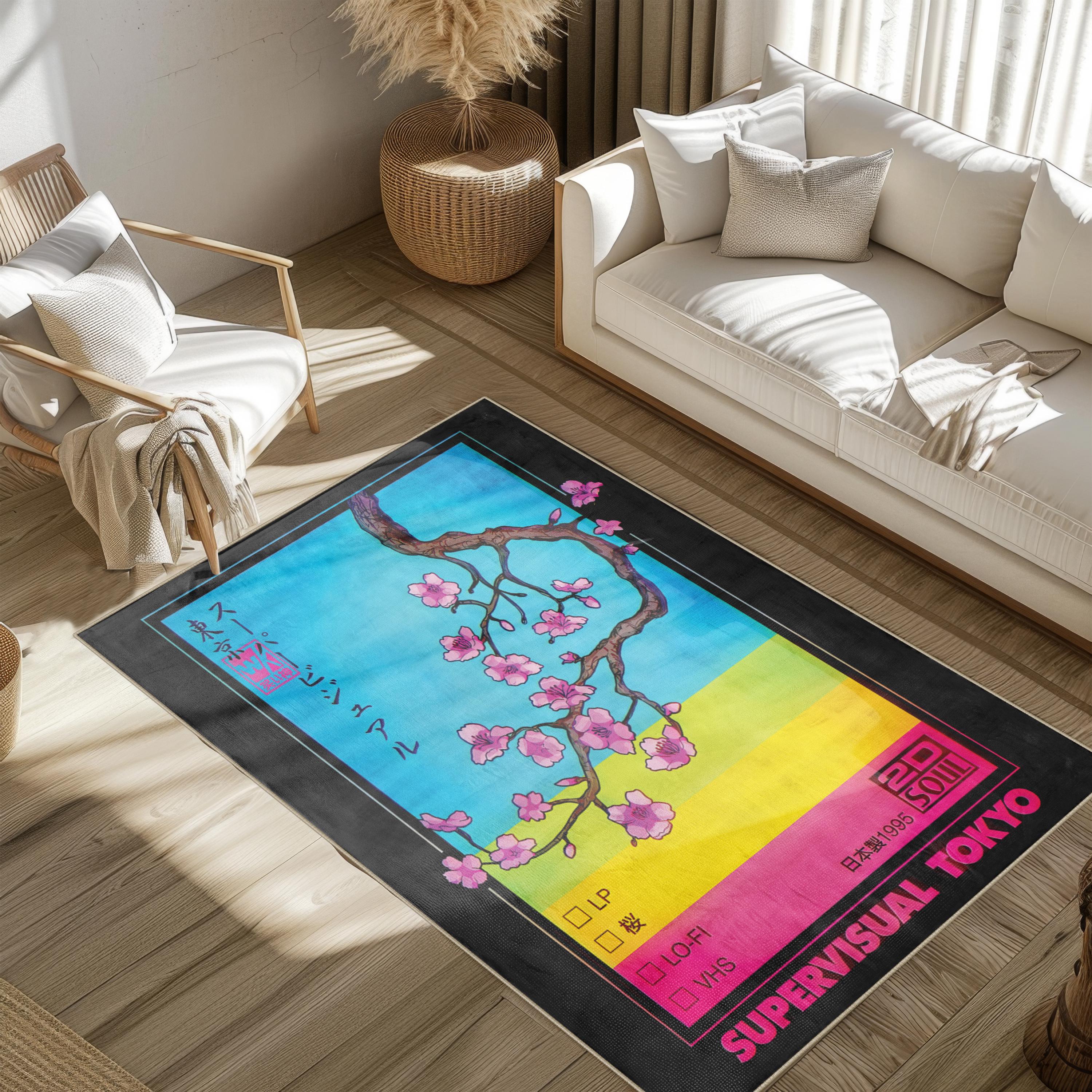 Vaporwave Tokyo Sakura Rug: Modern Blue & Pink Carpet - Etsy