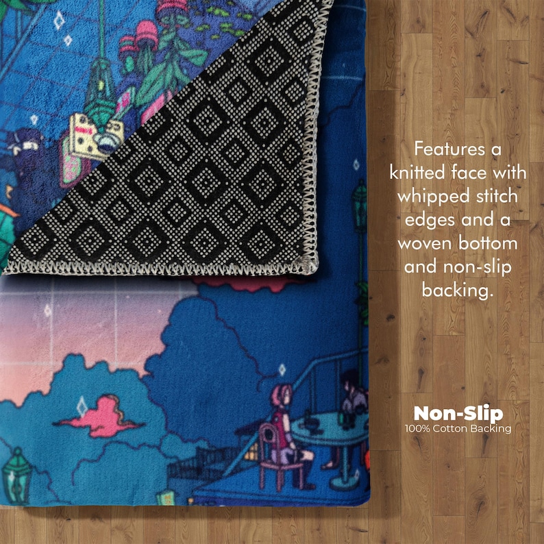 May include: A blue rug with a colorful anime-style illustration. The rug has a knitted face with whipped stitch edges and a woven bottom with non-slip backing. The text "Non-Slip 100% Cotton Backing" is visible.