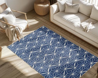 Japanese Pattern Area Rug: Hand-Drawn Blue Design, Customizable Size