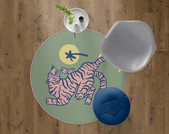 Pink Striped Tiger Area Rug Green Aesthetic Floor Mat For Maximalist Home Nursery Decor