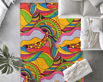 Psychedelisch golvend vloerkleed: kleurrijk vloertapijt in jaren 70-stijl