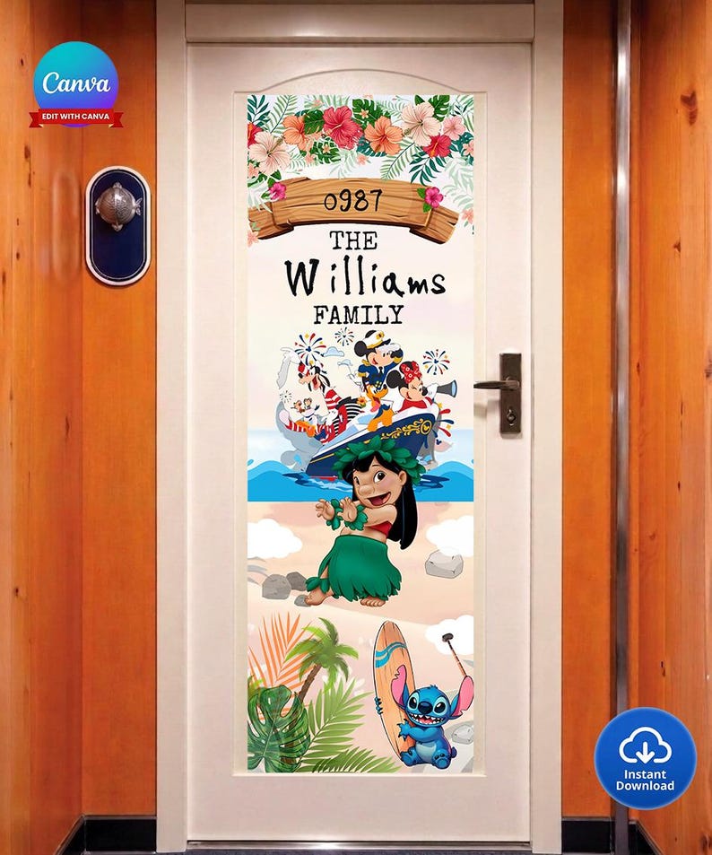 May include: A white door featuring a vibrant family design. The door is adorned with floral patterns, the number "0987", and the family name "The Williams Family". Cartoon characters, such as Lilo and Stitch, are also included in the design.