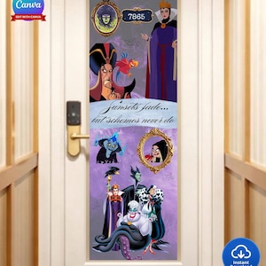 May include: Door decal featuring Disney villains, including the Evil Queen, Ursula, and Jafar, set against a purple background. The decal includes the text "Sunsets fade... but schemes never do" and the number 7865.