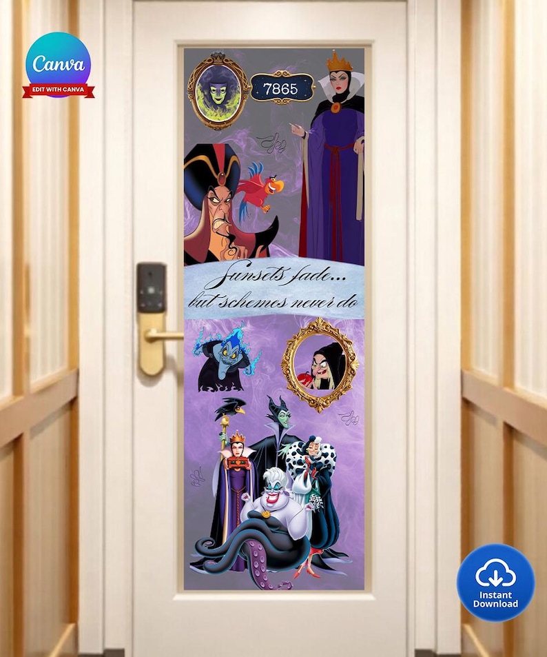 May include: Door decal featuring Disney villains, including the Evil Queen, Ursula, and Jafar, set against a purple background. The decal includes the text "Sunsets fade... but schemes never do" and the number 7865.