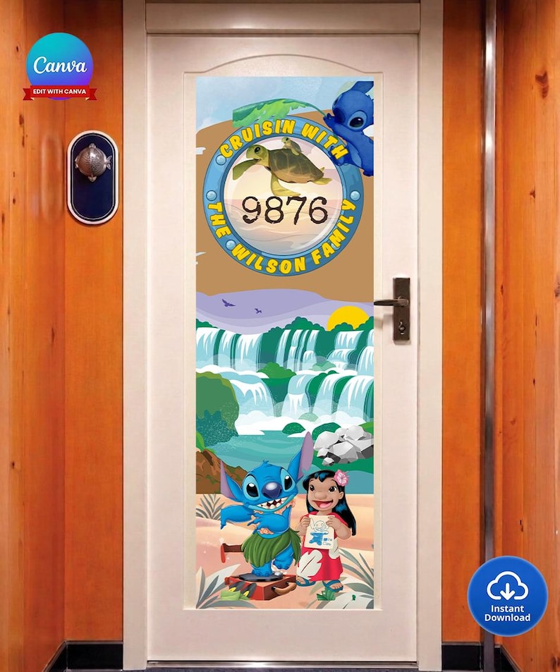 Puede incluir: Decoraci&oacute;n de puerta con una escena tropical colorida y personajes de dibujos animados. El dise&ntilde;o incluye una tortuga, cascadas y el texto "Cruisin' with The Wilson Family 9876". Tambi&eacute;n se presenta un personaje azul y una ni&ntilde;a con un vestido rojo.