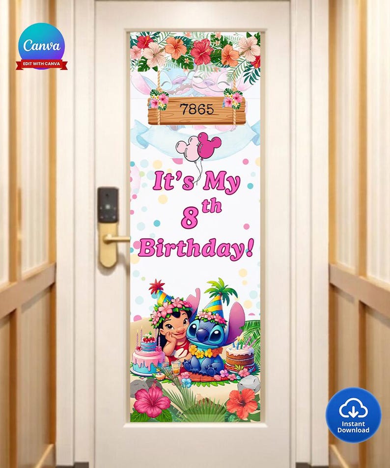 K&ouml;nnte beinhalten: Geburtstags-T&uuml;rdekoration mit dem Text "It's My 8th Birthday!". Das Design umfasst ein Holzschild mit der Nummer 7865, Luftballons und Illustrationen von Zeichentrickfiguren.