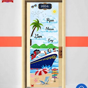 May include: A door cover featuring a cruise ship design with a beach scene. The design includes a palm tree, clouds with names, and the number 9854. A beach chair, umbrella, and Mickey Mouse characters are also visible.