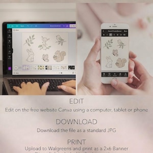 May include: A laptop and smartphone display a design featuring a bunny, bird, butterfly, and squirrel. The text "EASY TO CREATE" is at the top. Instructions include editing on Canva, downloading as a JPG, and printing as a 2x6 banner.