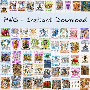 May include: A collection of digital PNG files available for instant download. The designs feature various cartoon characters, text, and graphics, including sharks, turtles, and humorous phrases. The text "PNG - Instant Download" is displayed.