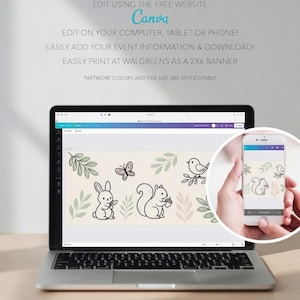May include: A laptop displays a customizable template with illustrations of a bunny, butterfly, squirrel, and bird. The text reads "EDITABLE TEMPLATE" and "Canva". A smartphone shows the same design. The template is for a 2x6 banner.
