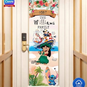 May include: A door decoration with a tropical theme, displaying the text "0987 The Williams Family." The design incorporates floral elements, cartoon characters, and a beach scene featuring Lilo and Stitch.